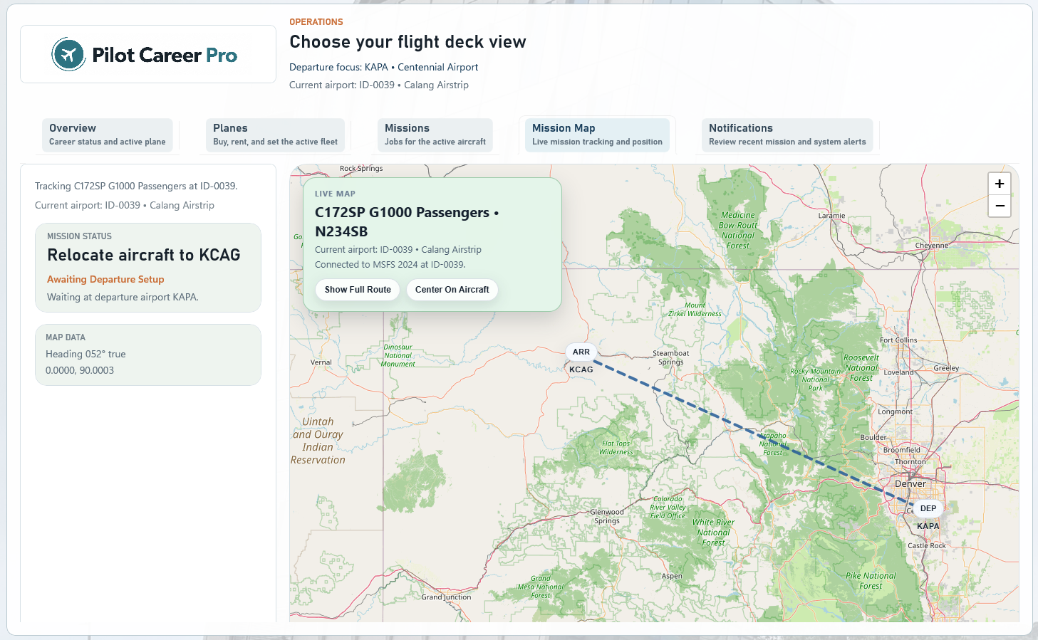 Pilot Career Pro desktop app mission map view showing mission status and an aircraft route on the map.